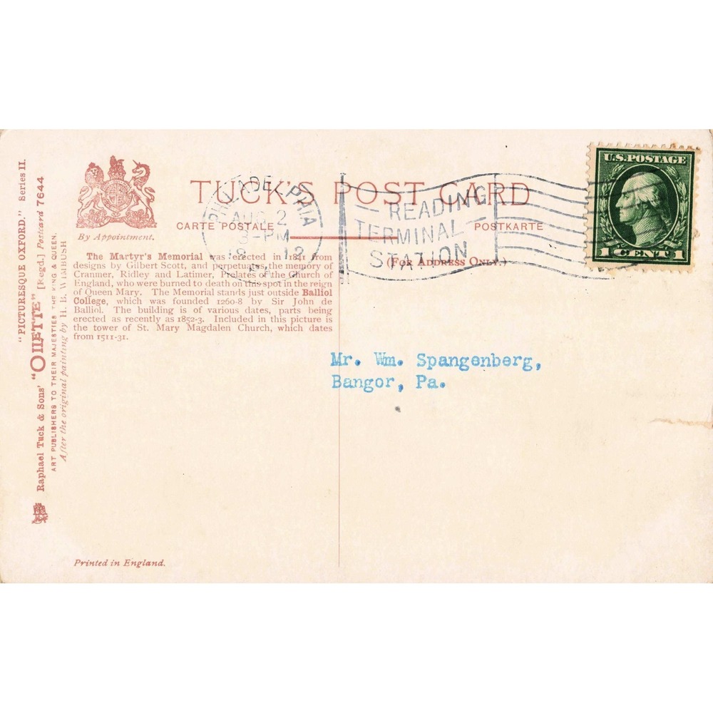 Oxford England Martyrs Memorial Balliol College Tuck Oilette Postcard Ad Wimbush - Picture 2 of 2